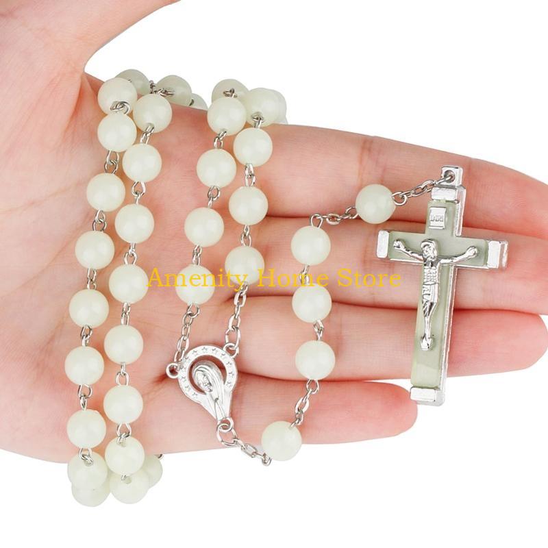 F26C 8mm Glow in the Dark Rosary Necklace Jesus Christ for Cross Pendant Noctilucent Long Chain Catholicism Religious Fashion