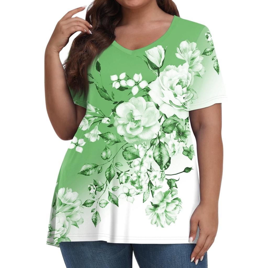 Womens Plus Size Tops Short Shirts V Neck Casual Clothing 3D Printed Tops T-Shirts