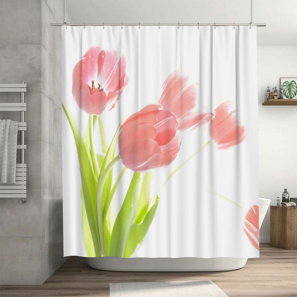 Pink Tulip Shower Curtain Set Bath Decor for Kids Bathroom Waterproof Fabric with Hooks (White)