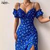 Summer Elegant Off Shoulder Floral Print Slim Dress Sexy Sling Ruffle Strapless Slit Party Dress Women V Neck Long Dress 21764