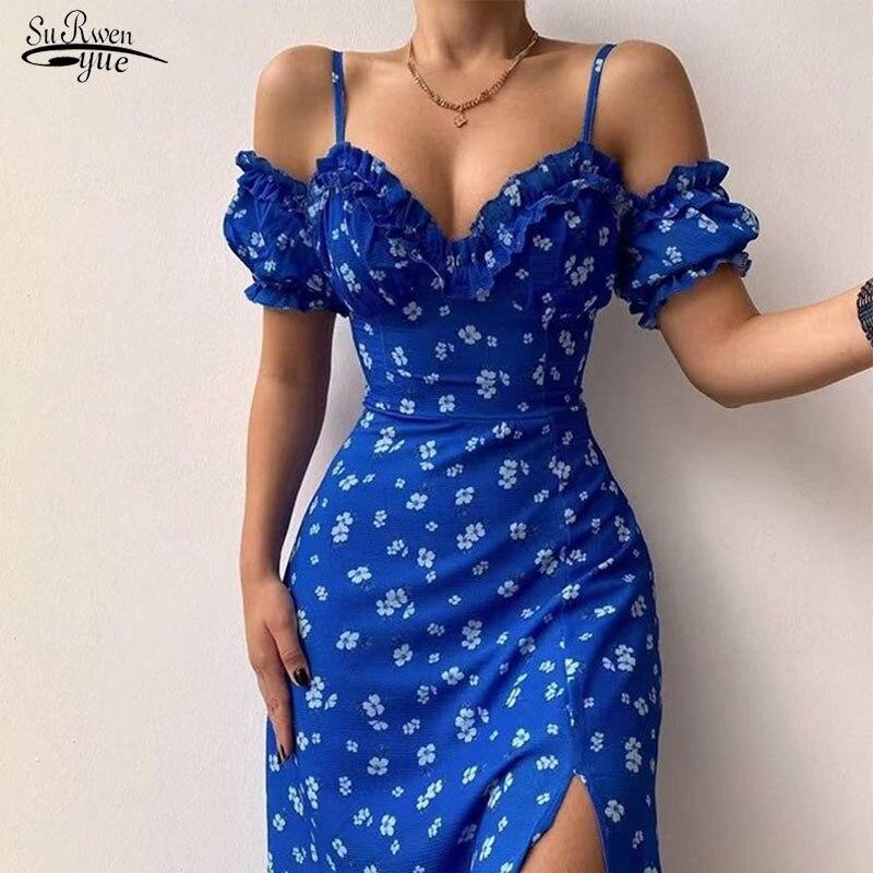 Summer Elegant Off Shoulder Floral Print Slim Dress Sexy Sling Ruffle Strapless Slit Party Dress Women V Neck Long Dress 21764