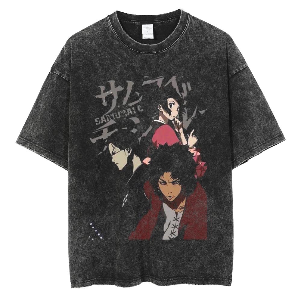 Japanese Anime Print Oversize Tee Men Streetwear Washed Vintage T-shirt Unisex Harajuku Cotton Summer Short Sleeve Tshirt