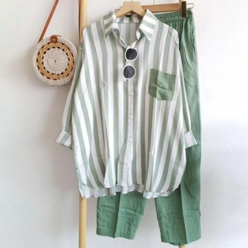 Women'sSummer Fashion Shirt Suit Loose Slim Comfortable Casual Striped Two-piece Set 2 Piece Set Women