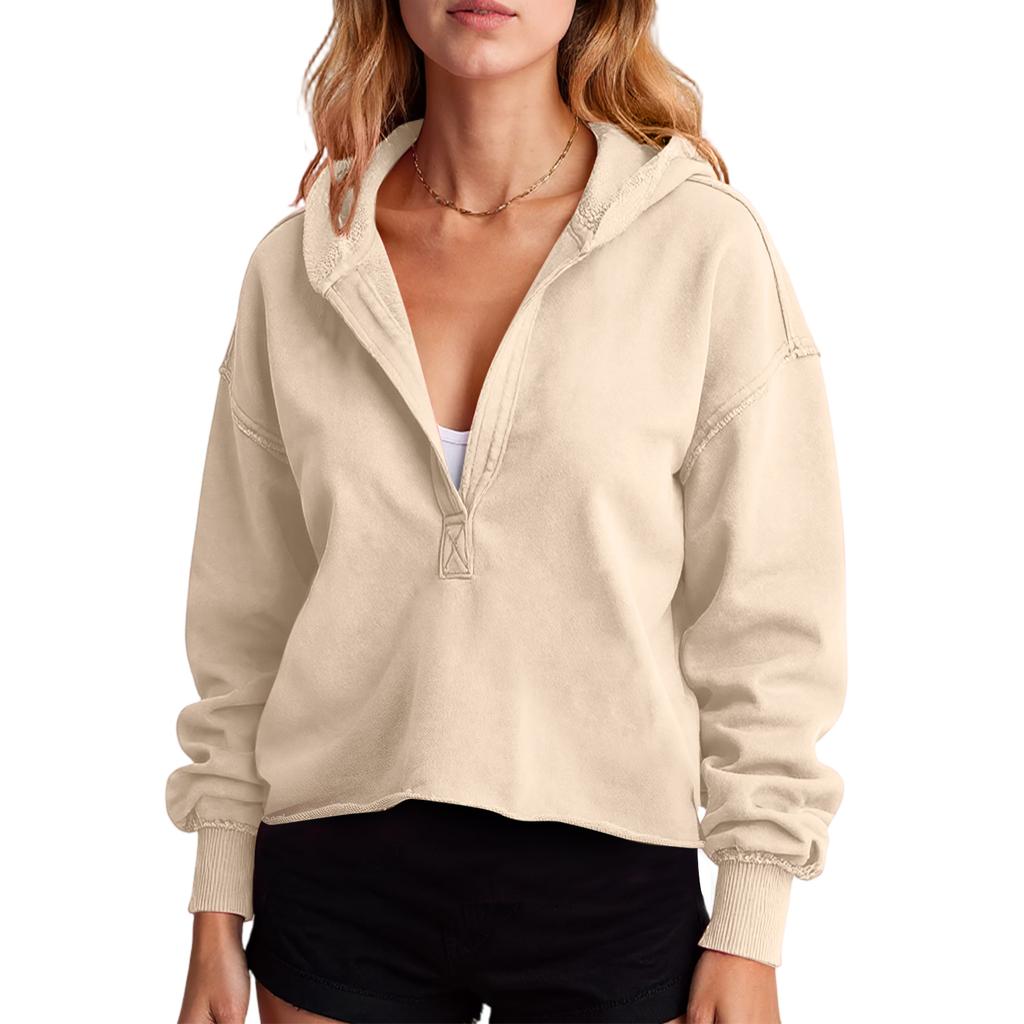 Женская однотонная толстовка с капюшоном свободного кроя, топ с V-образным вырезом, пуловер, рубашка с длинным рукавом