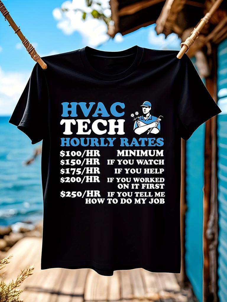 Funny HVAC Technician Hourly Rates Graphic T-shirt for Men - Black Humorous Cartoon & Pricing List Design