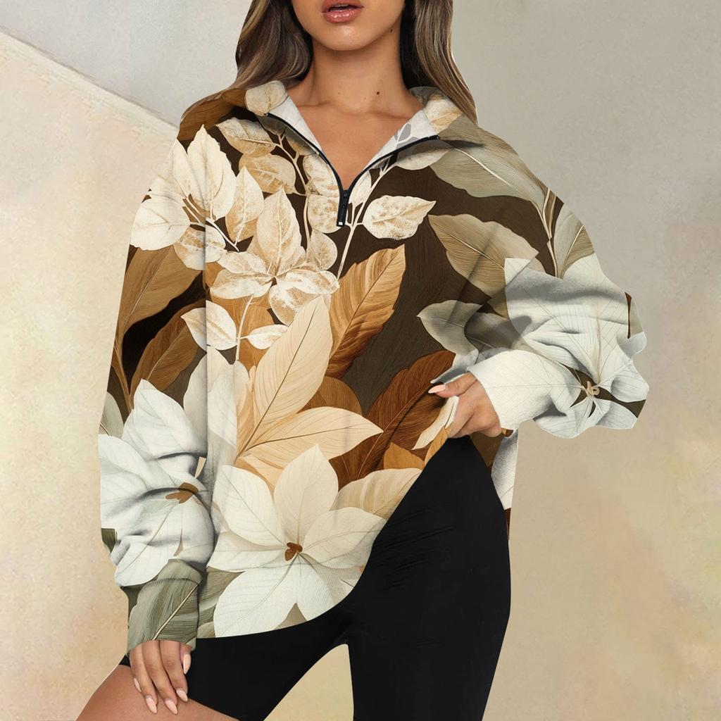 Женская мода повседневная толстовка с длинным рукавом и принтом на молнии с высоким воротом и заниженными плечами