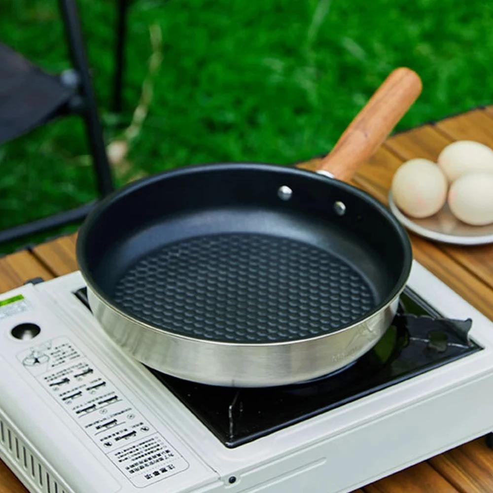 Outdoor Portable Stainless Steel Mini Wok Pan Non-Stick Egg & Steak Flat-Bottomed Frying Pan for Camping Hiking Travel Picnics