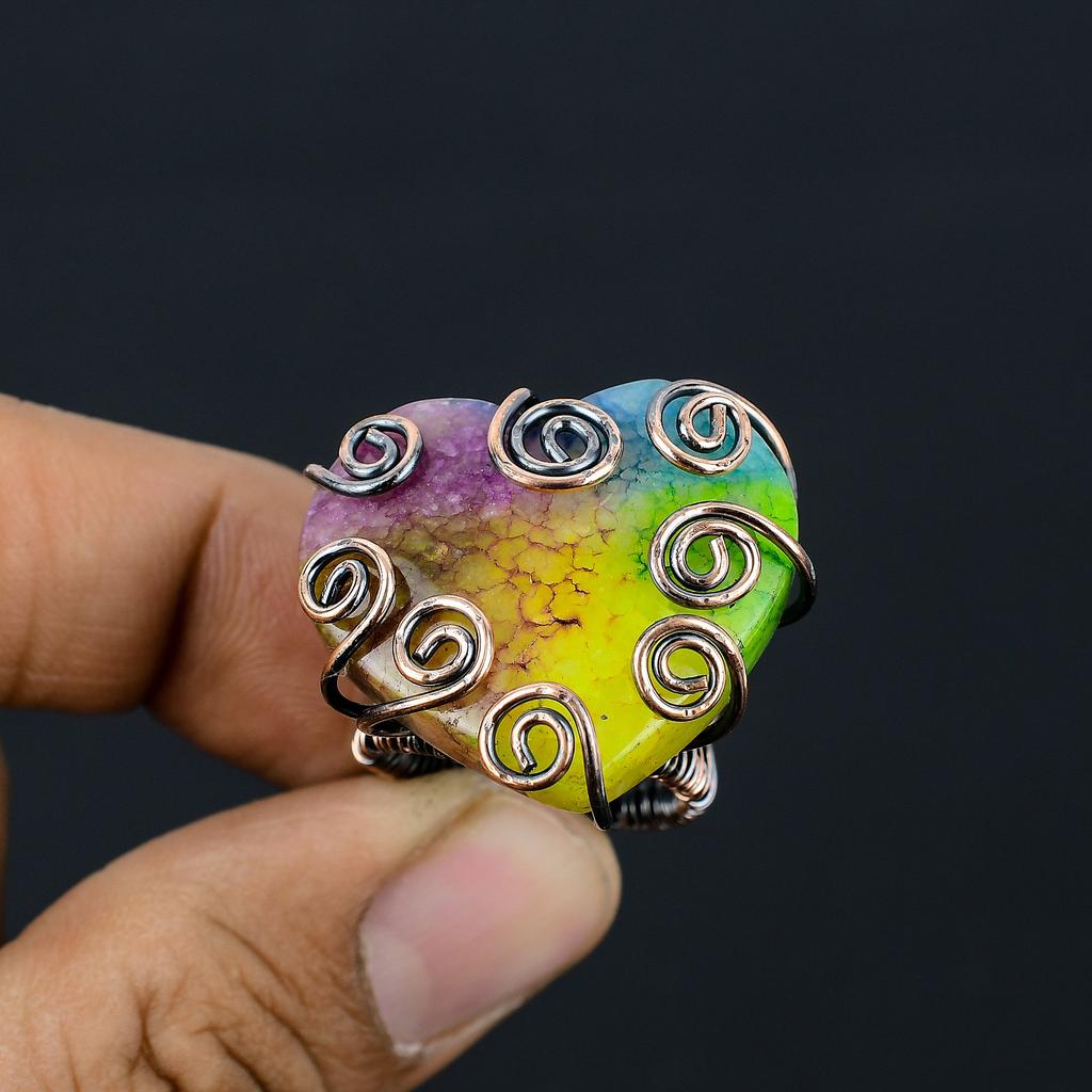 Natural Rainbow Solar Quartz Gemstone Handmade Copper Wire Wrap Ring S.7.5 F2n61