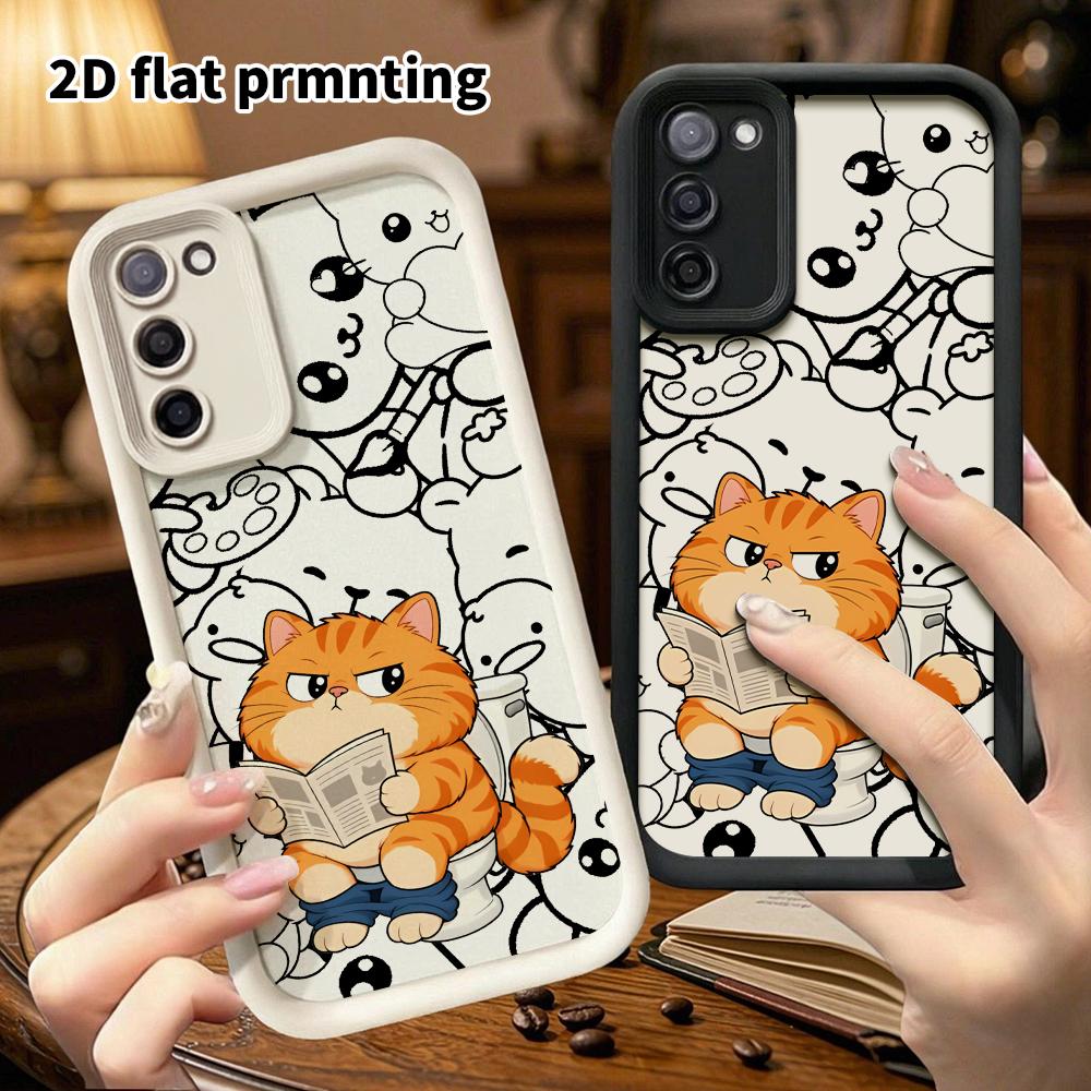 Phone Case: 2D flat, fits Samsung Galaxy A34 A35 M05 M06 S20 S22 S21 FE Plus 5G cases, chubby orange cat reading a newspaper, perfect Christmas and Ha