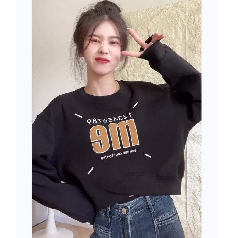 Американский принт Оверсайз свитер-пуловер с круглым вырезом - Повседневный, Универсальный, Укороченный топ с длинным рукавом