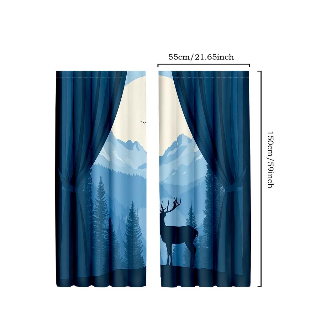 2pcs Classic Blue Deer and Mountain Design Curtains - Polyester, Nature-Inspired Decor for Bedroom & Living Room with Pine Trees