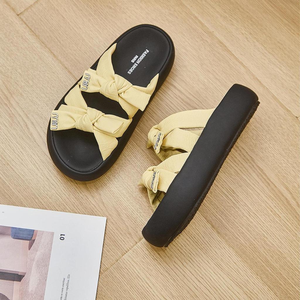 2025 New Thick-soled Cool Slippers for Women's Fashion and Versatile Bow Open-toed Women's Casual One-word Slippers Trendy Shoes