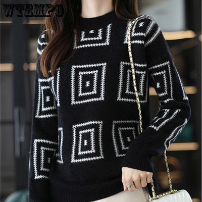 Женский черный клетчатый свитер осенне-зимний толстый с круглым вырезом топ свободный вязаный свитер