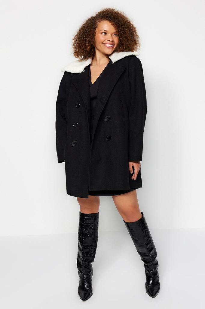 Women's Style Plus Size Black Fur Collar Stitching Coat