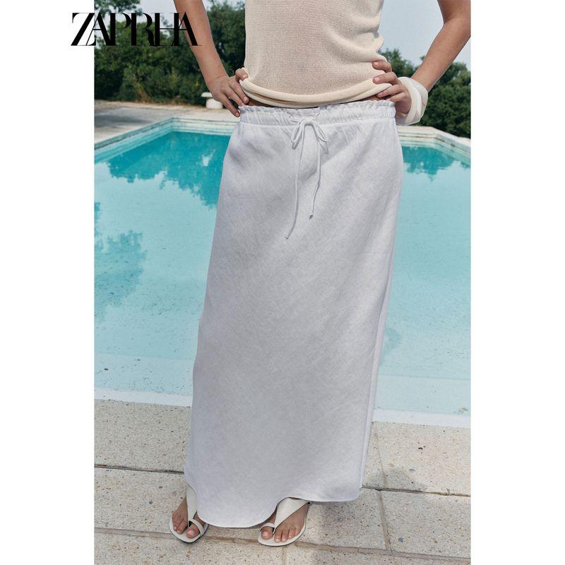 Zaprha 2025 Summer New Multi-Color All-Match Linen Mid-Waist Midi A- line Skirt 4786111