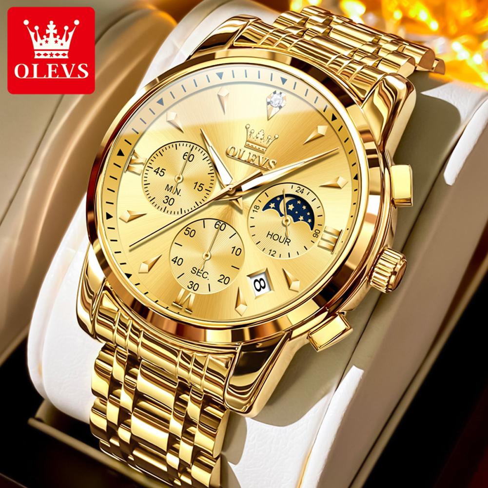 OLEVS 3639 Watches for Men Auto Date Waterproof Moon Phase Chronograph Stainless Steel Original Quartz Man Wrist Watch New