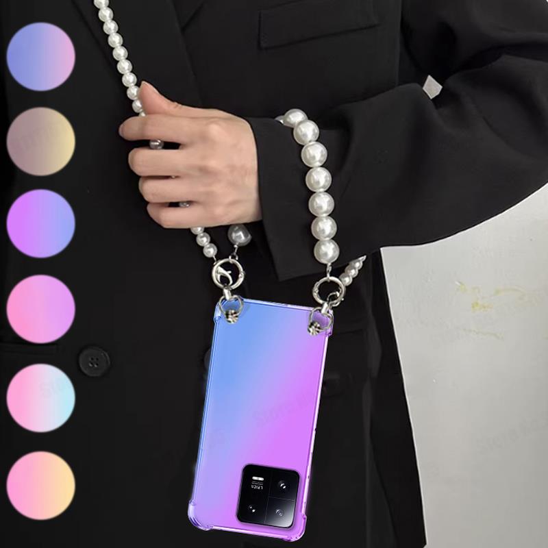 Чехол-ремешок для телефона с цепочкой из жемчуга через плечо для Xiaomi 14T Pro 14 CIVI 13T 14 13 Lite Ultra Redmi 14C Прозрачный градиентный противоударный силиконовый чехол