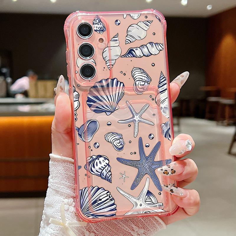 Противоударный Мягкий Чехол Для Samsung S25 Ultra S24 FE S23 S22 A56 A16 A15 A53 A52 A54 С Отделением Для Карт Мягкий Чехол Крышка С Рисунком Ракушки Морской Звезды Чехол Для Телефона