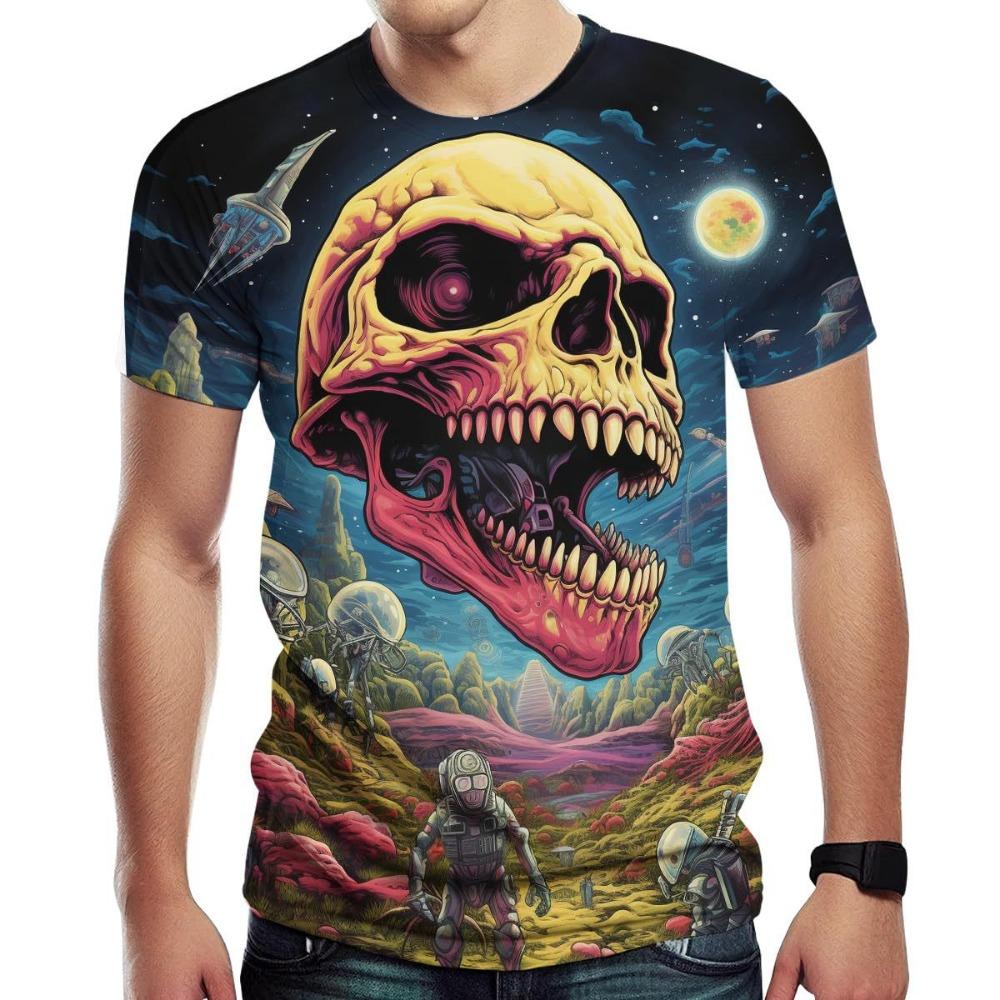 Психоделический узор черепа 3D цифровая печать Мужская модная футболка с круглым вырезом и короткими рукавами