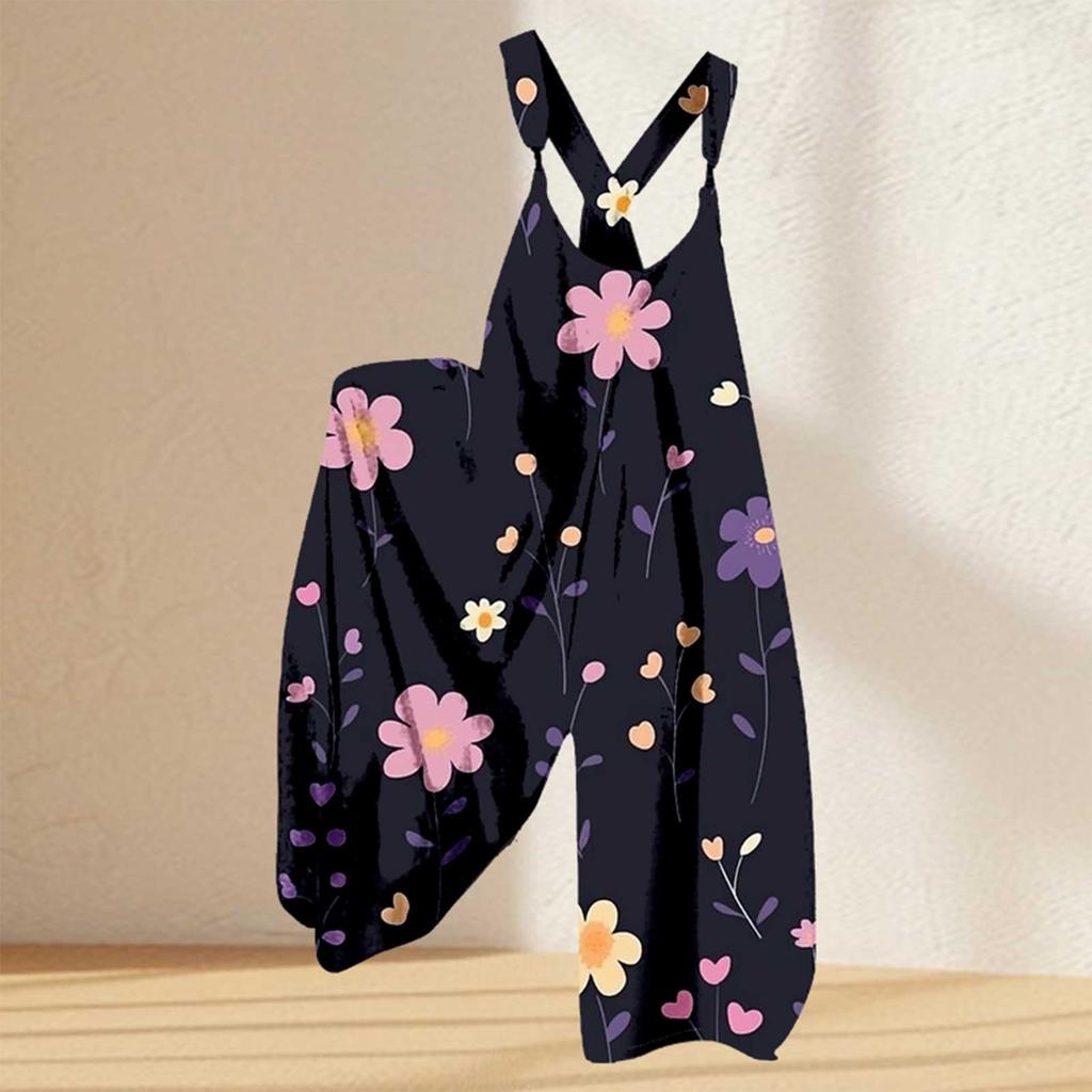 Женский комбинезон с цветочным принтом, повседневный свободный комбинезон из хлопка и льна
