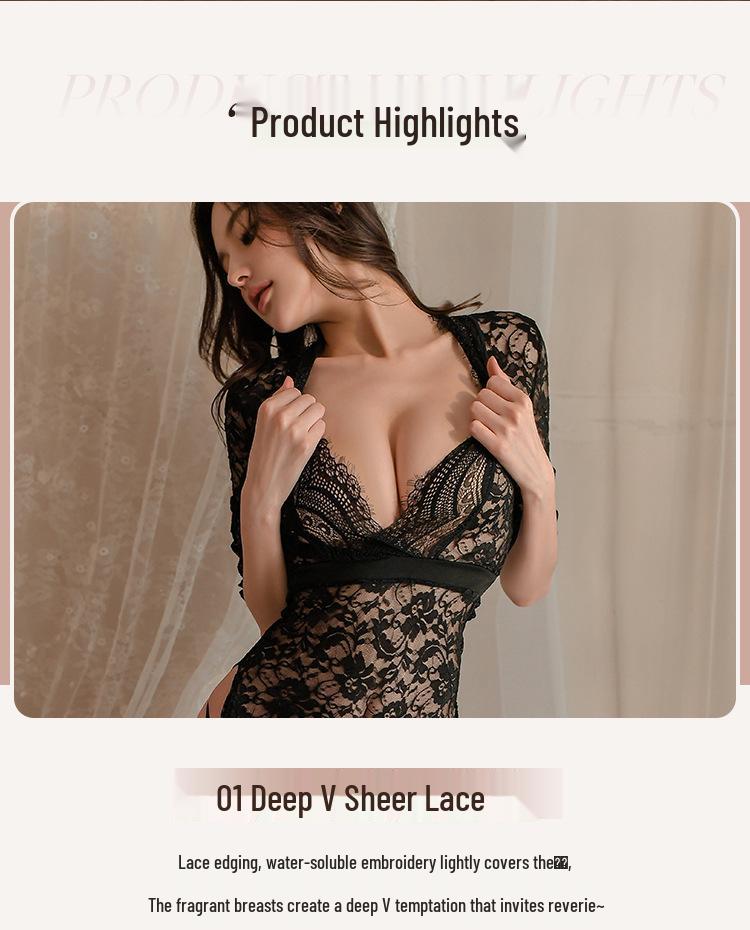 Elegant Lace Temptation Long Dress with Side Slit - Women's Sexy Nightgown Sleepwear