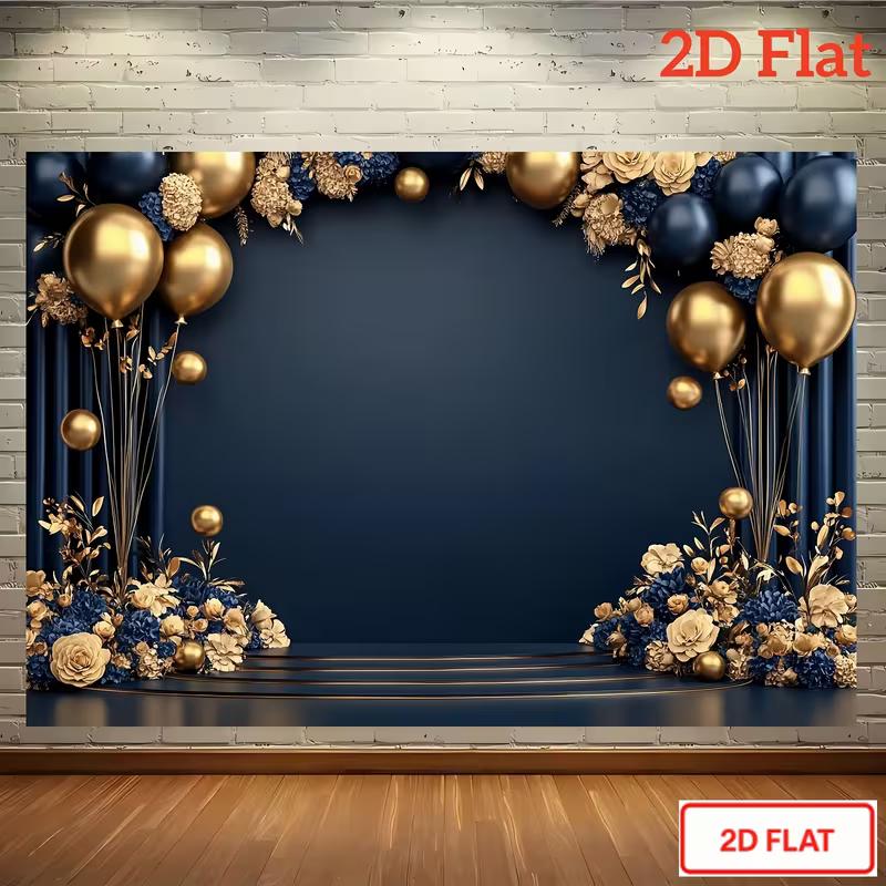 2D Navy Blue Gold Balloon & Flower Backdrop, 10x6ft Luxury Party Photo Booth Background for Festival & Celebration
