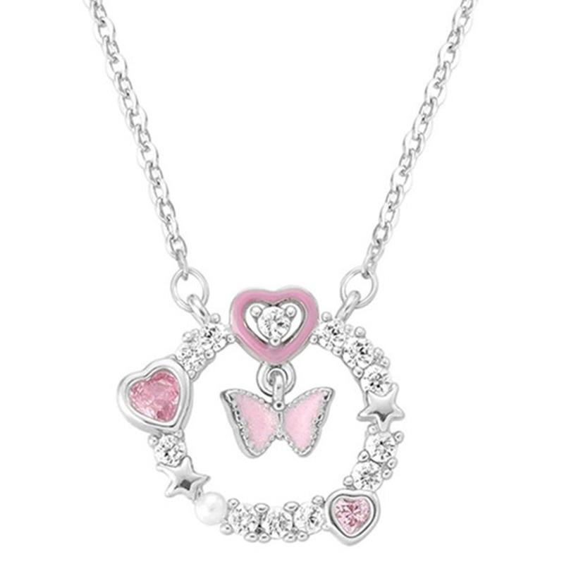 Light Luxury Shiny Zircon Butterfly Pink Heart Necklace For Women Exquisite Round Pendant Clavicle Chain Girl Party Jewelry Gift