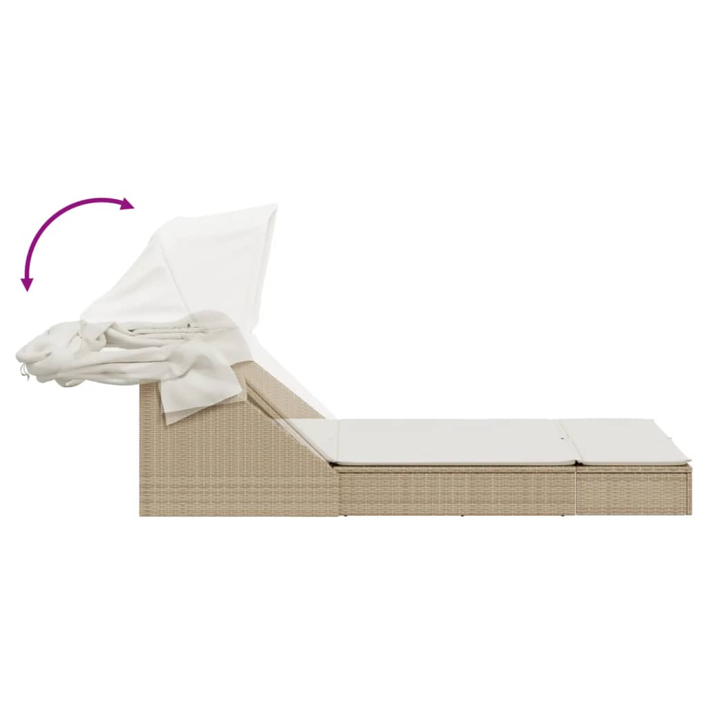 Double Sun Lounger with Canopy and Cushions Beige Poly Rattan