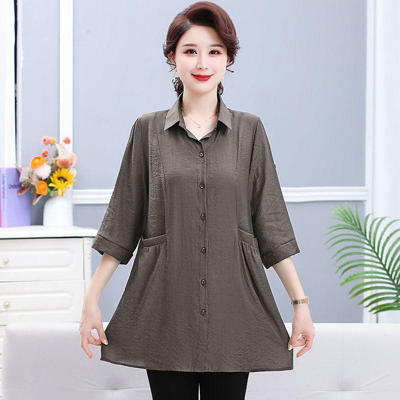 Повседневная однотонная рубашка миди для поездок на работу, однобортная, модная, с отложным воротником, летняя, рукав 3/4, женская одежда, карманы, блузка