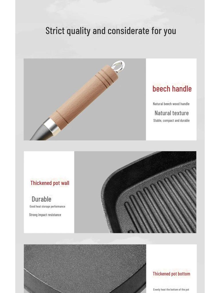 Cast Iron Steak Frying Pan with Wooden Handle, Uncoated and Thickened, Striped Surface.