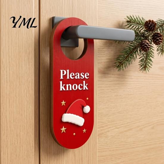 Christmas Room Decor Wooden Door Hanger, Santa Hat Bell Bow Hanging Sign Seasonal for Knob, Festive Holiday Home Front Entrance Wall