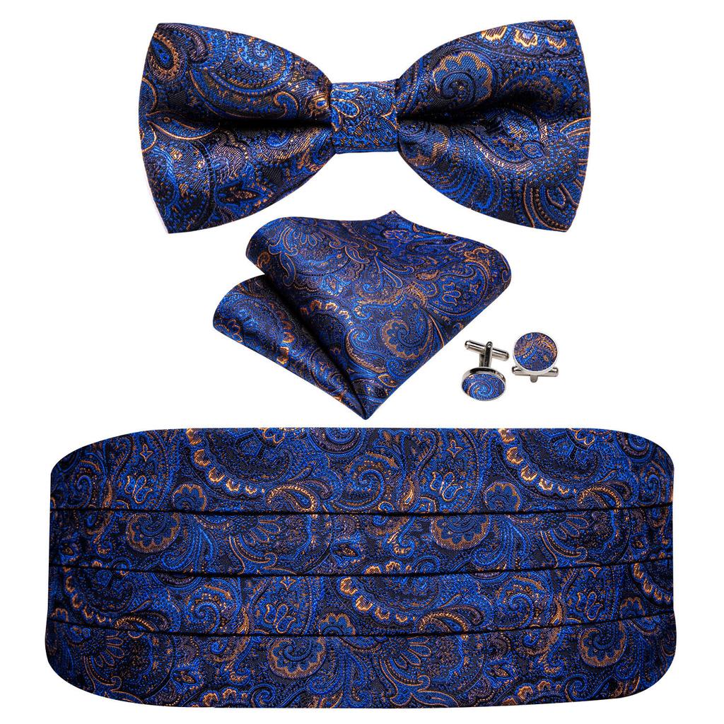 Barry.Wang Mens Cummerbund Belt and Bowtie Set Silk Pre Bow Tie Hanky Cufflink Set