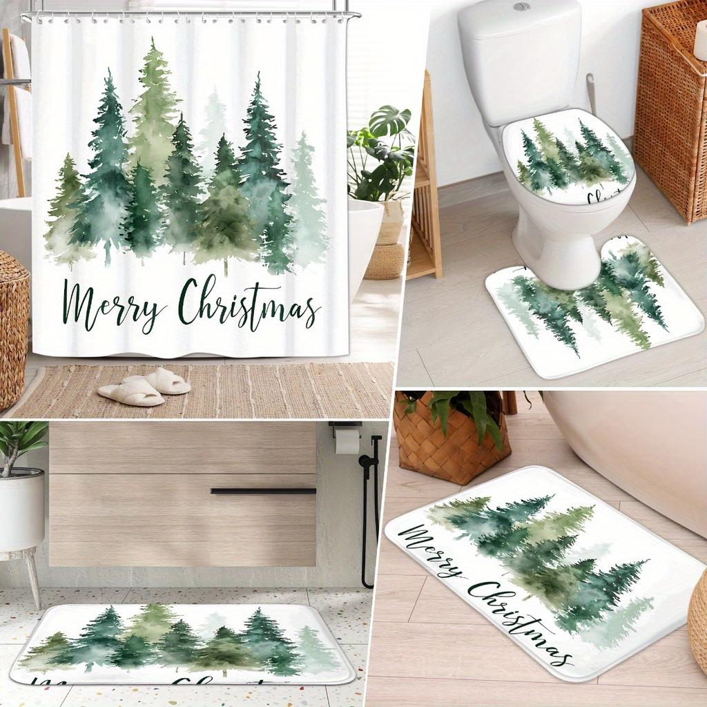 Набор из 4 предметов: Занавеска для душа для ванной комнаты с рисунком рождественских елок, Занавеска для ванной с 12 крючками, Нескользящие коврики, Коврик для крышки унитаза, Перегородка для ванной комнаты