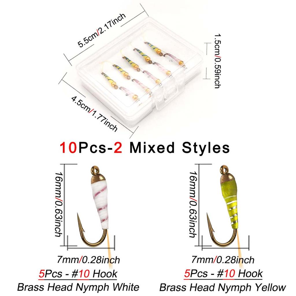 6/10 шт./набор - сухие мушки, наживка для ловли рыбы нахлыстом, нимфа Brasshead, белая и желтая наживка для ловли щуки, форели, лосося, окуня, нахлыстовые мушки - размеры № 10