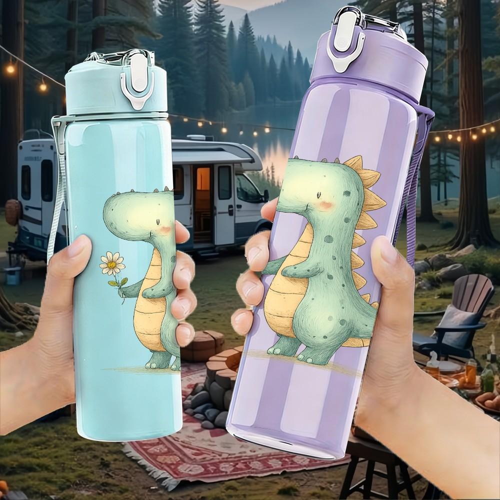 1PC Cute Green Dinosaur 750ml Color Plastic Sports Water Bottle Leakproof Flip Straw Lid Suitable for Sports Office Home Use