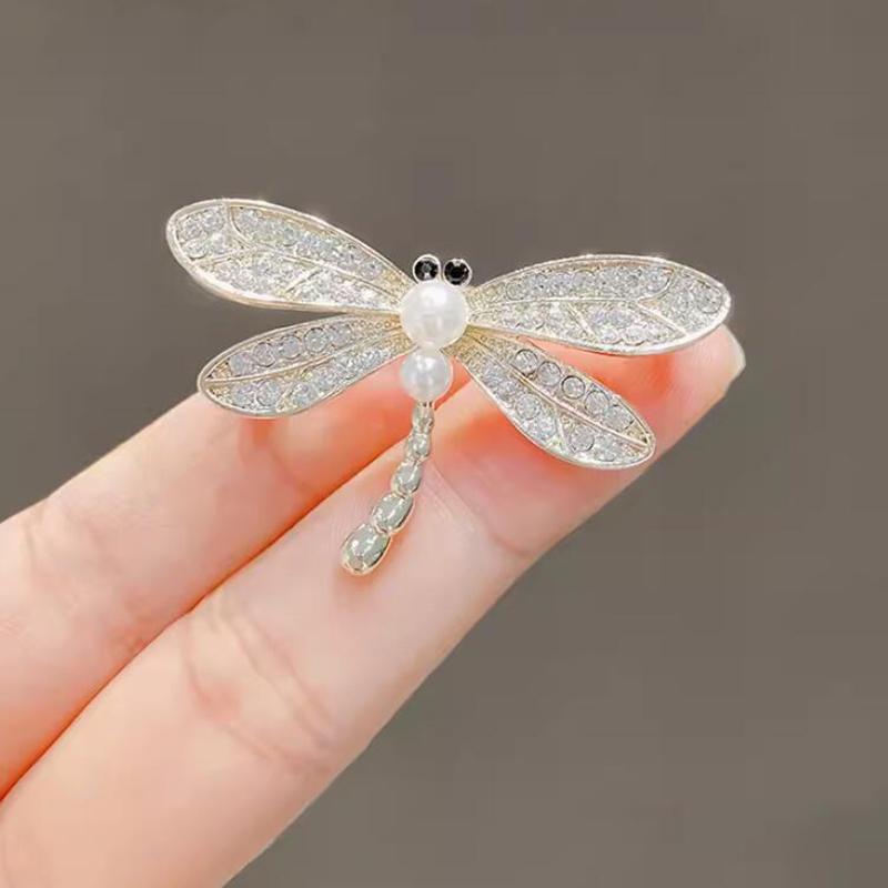 Vintage Shinny   Pearl Dragonfly Brooches For Women Dress Silk Scarf Insect Corsage Pins Jewelry Accessories