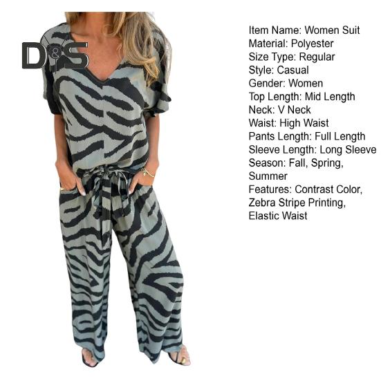 2 шт./комплект женский топ брюки костюм полосатый принт контрастный цвет V-образный вырез короткий рукав блузка широкие брюки эластичный пояс на талии наряд для поездок на работу повседневный