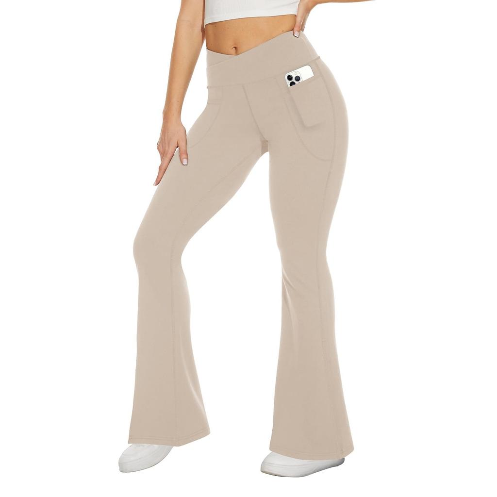 Широкие расклешенные брюки с высокой талией и подъемом бедер для фитнеса, повседневные, универсальные, эластичные, телесного цвета, тонкие штаны для йоги для женщин