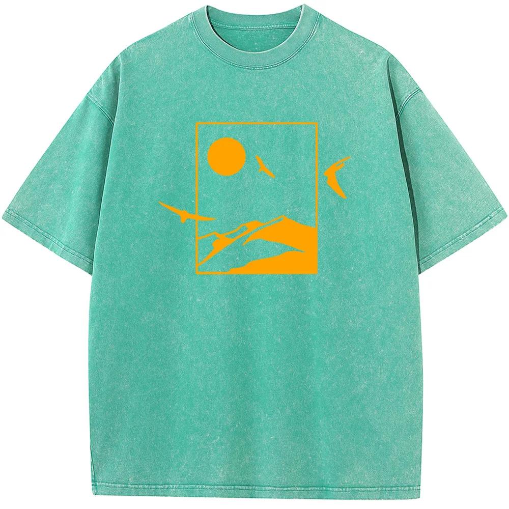 Мужская выбеленная рубашка с геометрическим рисунком в горном стиле, винтажная выбеленная футболка, топы, летние повседневные хлопковые футболки с круглым вырезом, выбеленная футболка