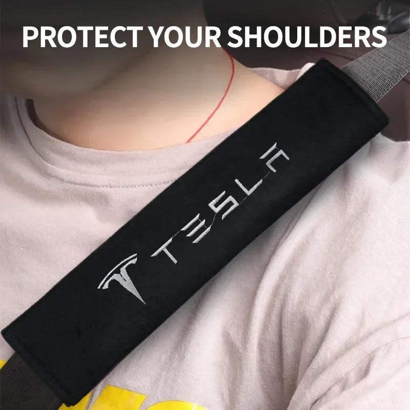Car Sticker 2025 New Tesla 2PCS Car Seat Belt Shoulder Pads Auto logo Safety Belt Protection Cover For Tesla Model S Tesla Model