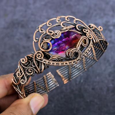 Натуральный Лабрадорит Мульти Огонь Медная Проволока Оплетка Манжета Браслет Регулируемый Z9c64