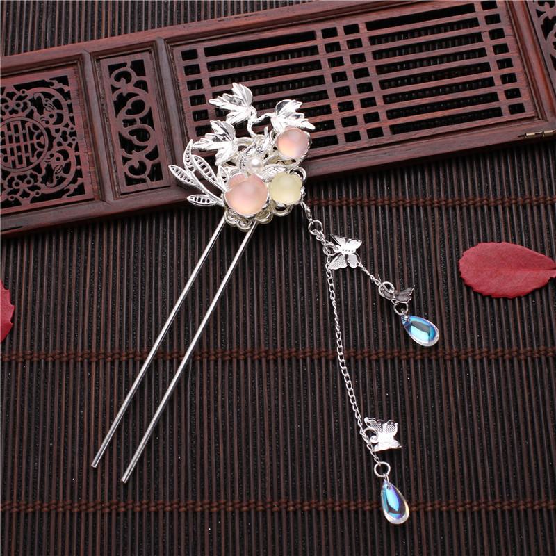 Crystal Bridal Ancient Style Chinese Hanfu Tassel Hairpin Pearl Hair Fork Flower Hair Sticks
