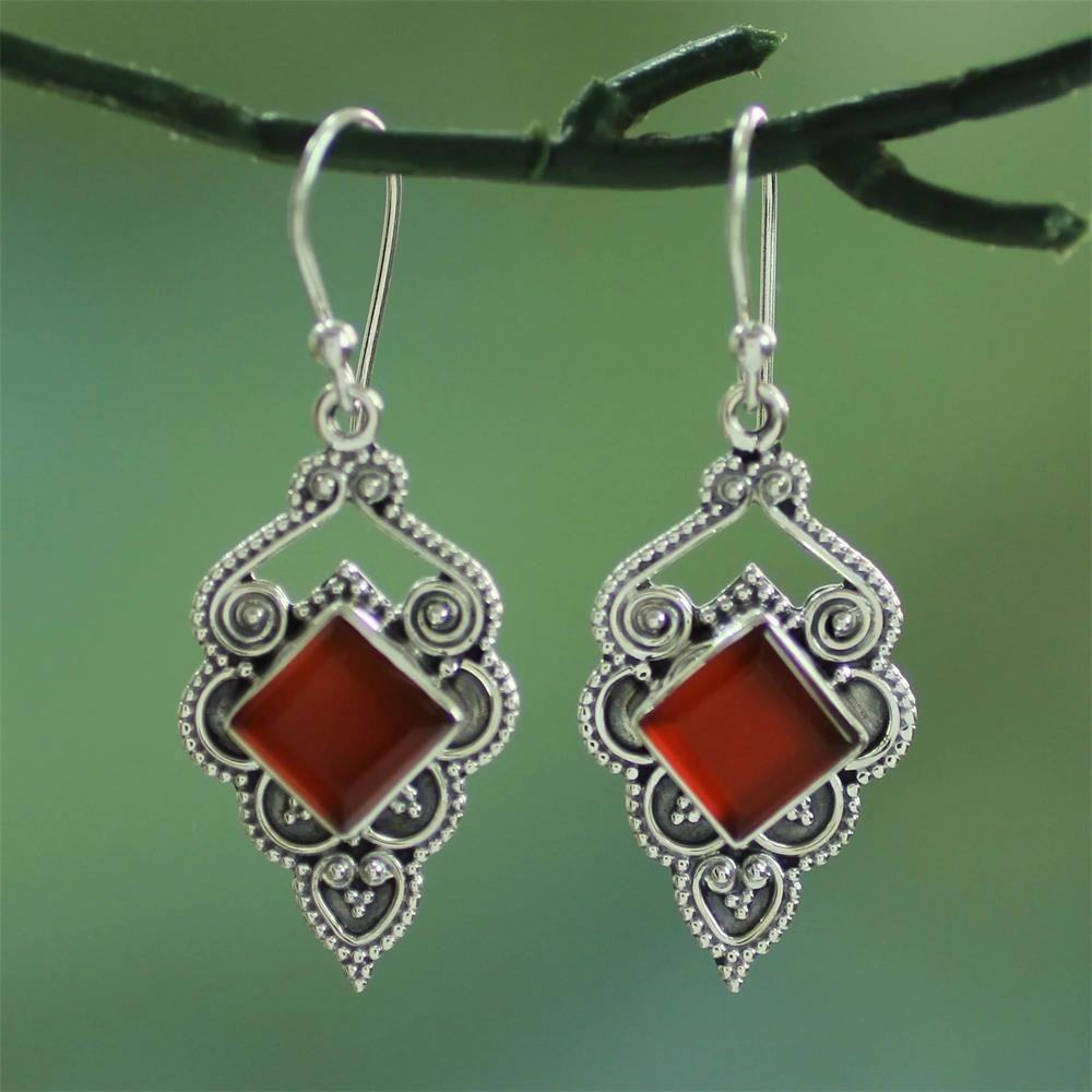 Natural Stone Engagement Wedding Jewelry Hook Ruby Ear Stud Dangle Red Agate Earrings Gemstone