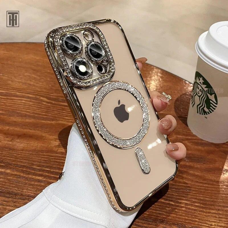 Новый модный блестящий чехол со стразами для iPhone 15 11 12 13 14 Pro Max Plus Magsafe, магнитный, с беспроводной зарядкой, прозрачный блестящий чехол