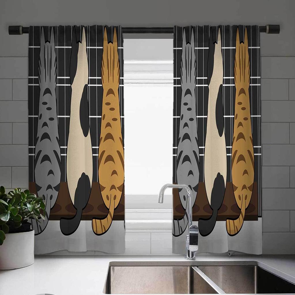 2-панельные шторы с принтом «Кот Фортуны» Шторы для кухни с рыбками Кухонные жалюзи Оконные шторы 75% затемнения Кофейные шторы