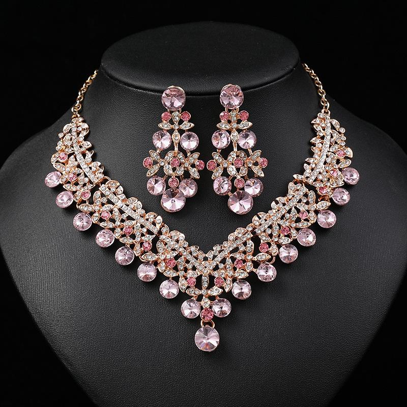 3 PCS Women's Zircon Sets Rhinestone Crystal Earrings Set Colorful Necklace Earrings Two Pieces Wedding Party Zircon