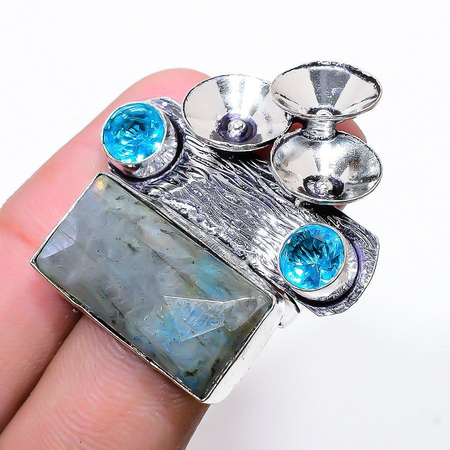 Лабрадорит, Топаз Драгоценный камень 925 Стерлинговое серебро Подарок Ювелирное изделие Кольцо Размер 6