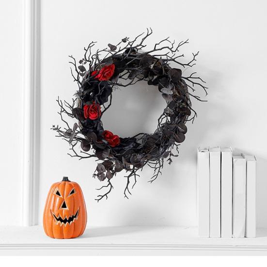 Halloween Wreath Dead Branch Garland Spooky Realistic Simulation Flower Black Decorative Wreath Door Hanging Festive Rattan Ring