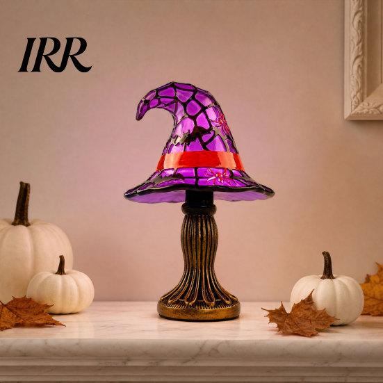 Handmade Witch Hat Lamp Halloween Table Lamp, USB Stained Glass Night Light Vintage Gothic Wizard Decorative for Home,