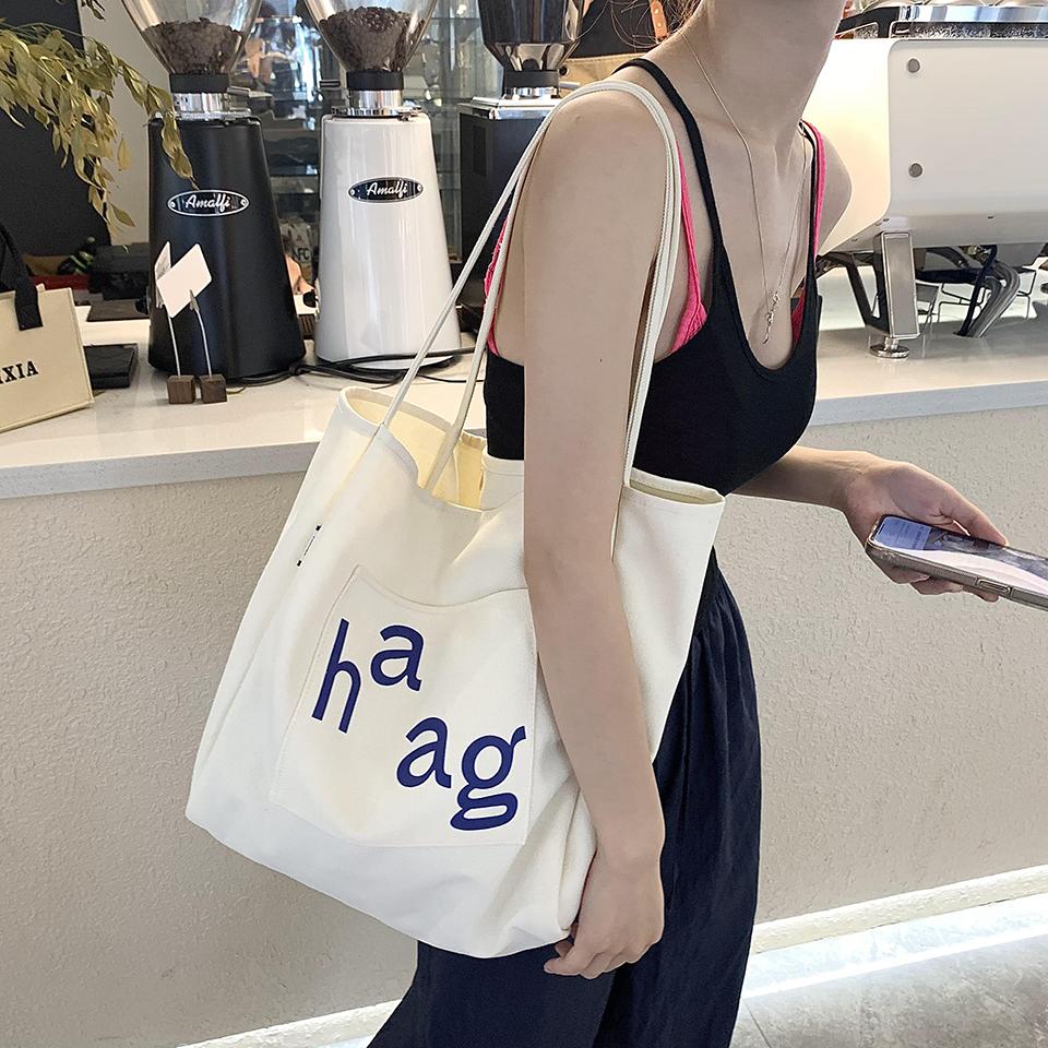 Большая вместительная однотонная холщовая сумка для женщин, мягкие сумки на ремне с застежкой-молнией, сумки для девочек, сумка для покупок с надписью, модная